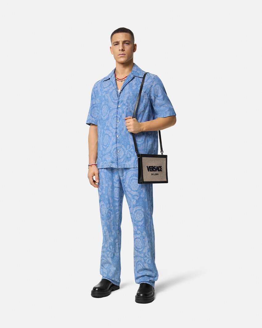 Versace Barocco Print Chambray Denim Shirt In Blue
