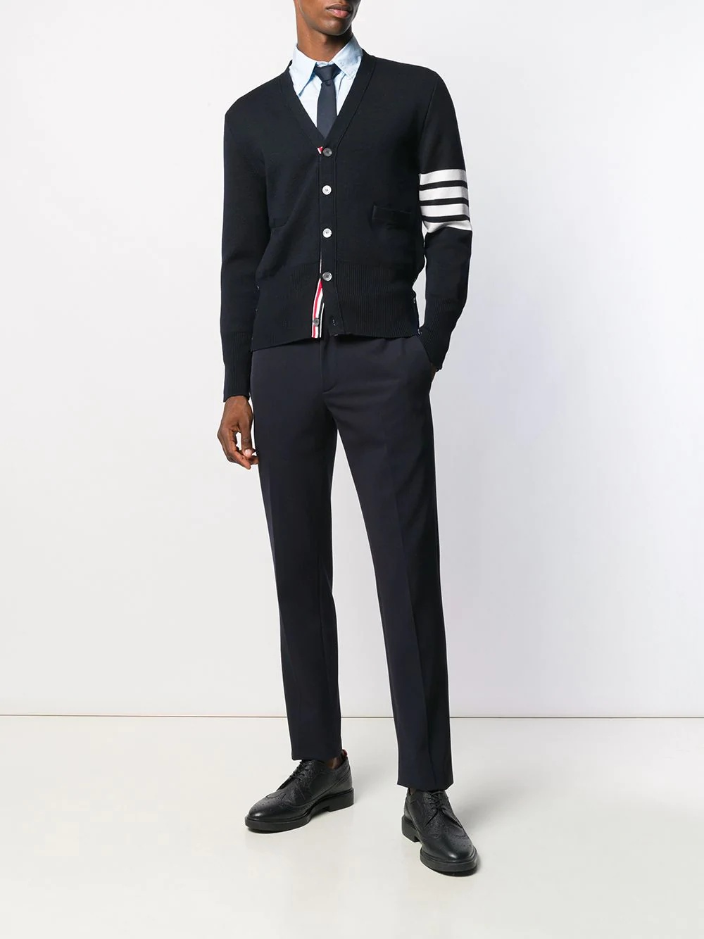 Thom Browne Milano Stitch V Neck Cardigan With 4 Bar In Fine Merino Wool Clothing In Blue