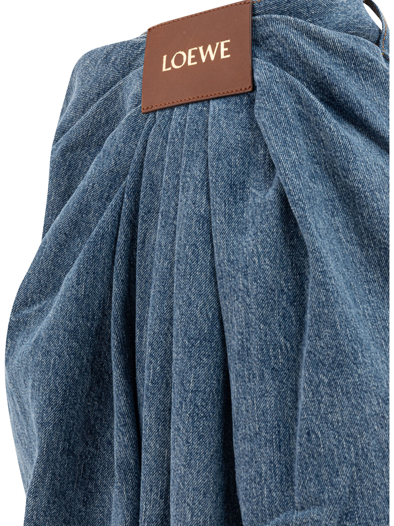 Loewe Leather-trimmed Draped Gathered High-rise Wide-leg Jeans In Blue