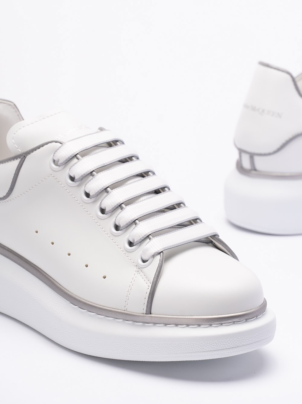 Alexander Mcqueen White Oversized Sneakers With Silver Piping In White