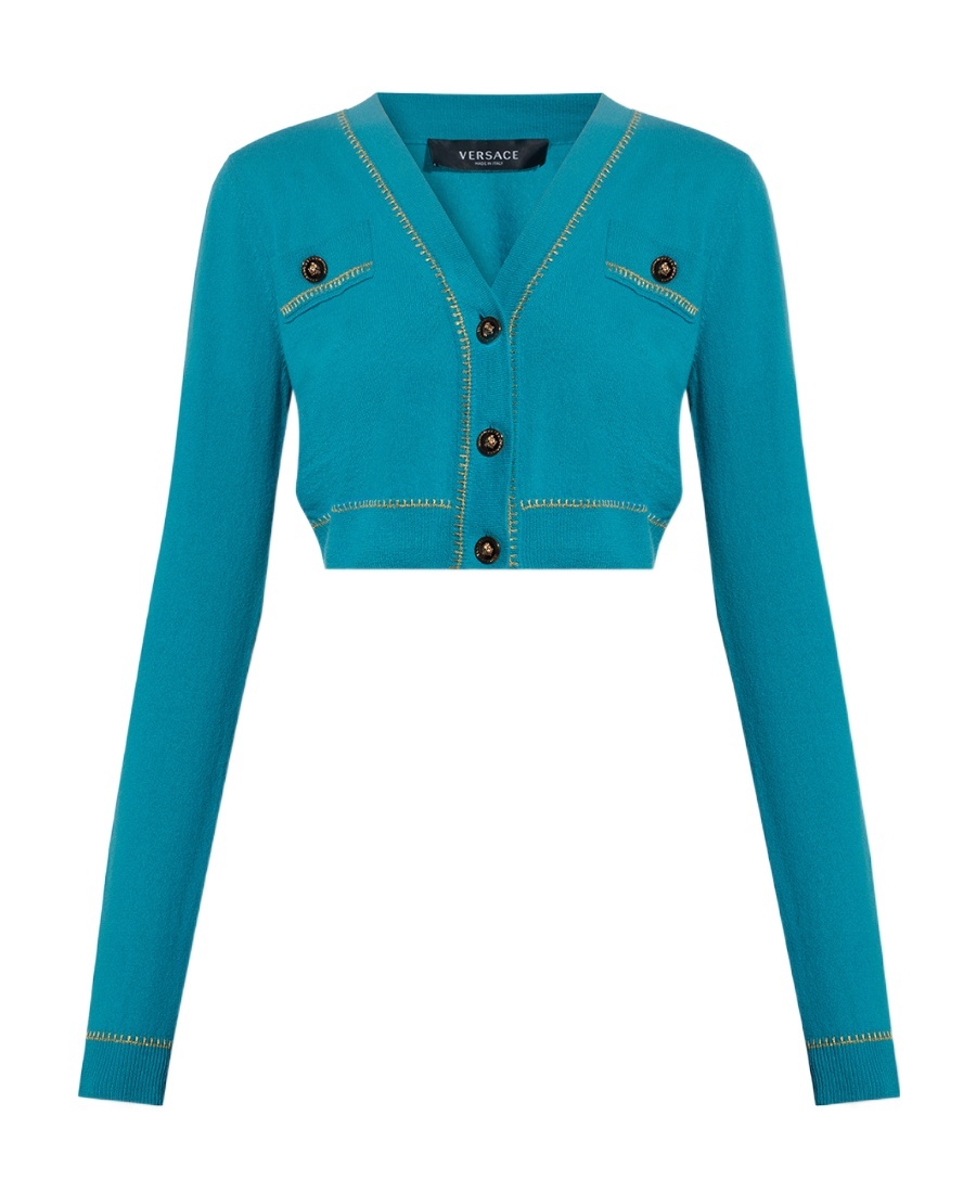Versace Cropped Button-fastening Cardigan In Blue