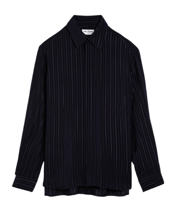 Saint Laurent Navy Blue Striped Silk Shirt Women In Black