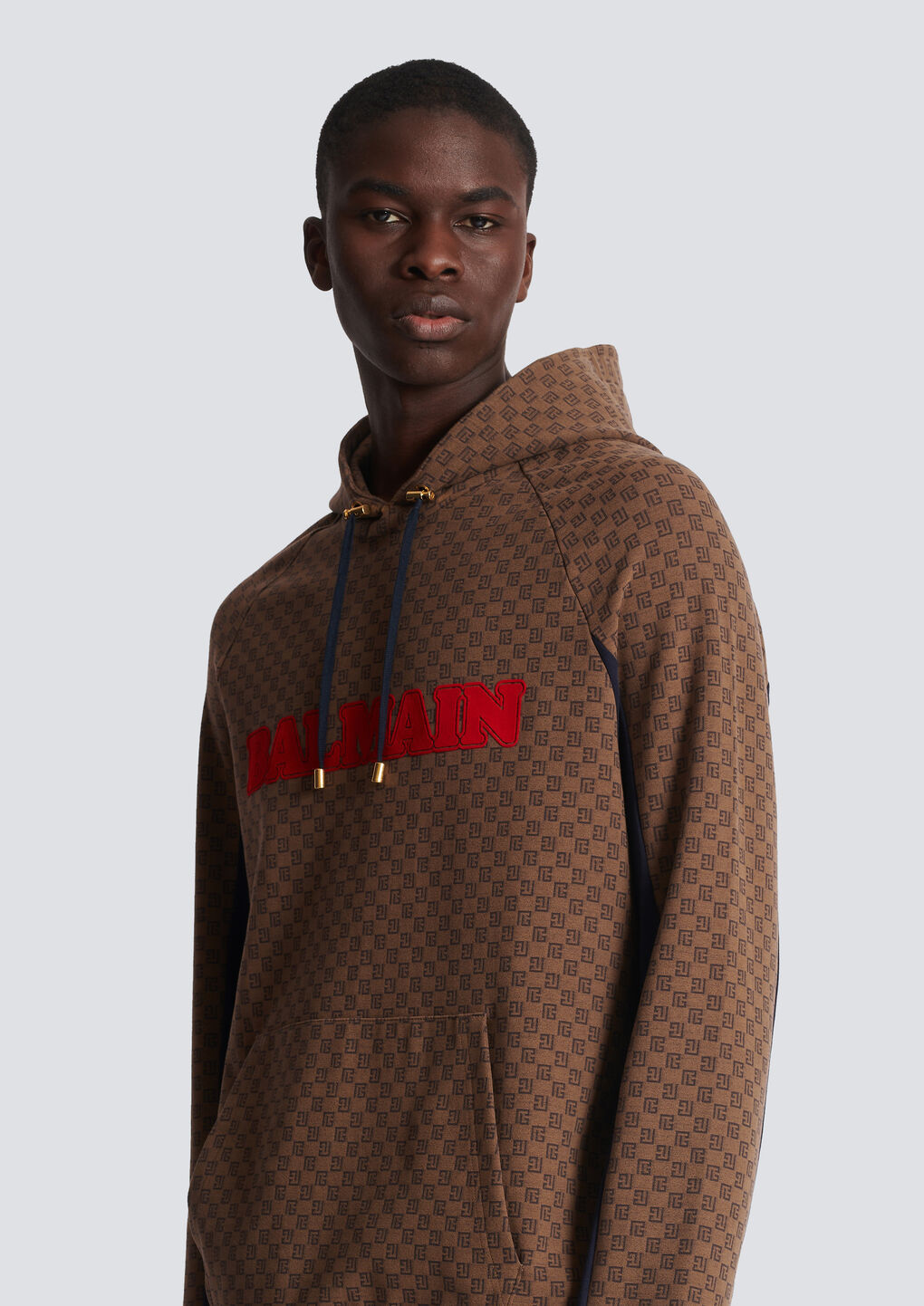 Shop Balmain Mini Monogram Jacquard Hoodie In Brown