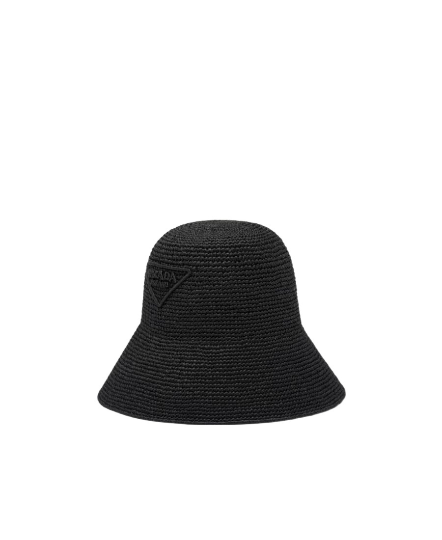 Prada Logo Crochet Bucket Hat In Black