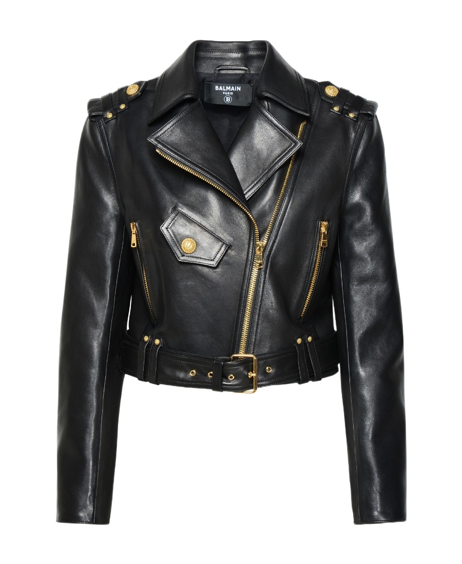 Balmain Cropped Leather Biker Jacket In Black
