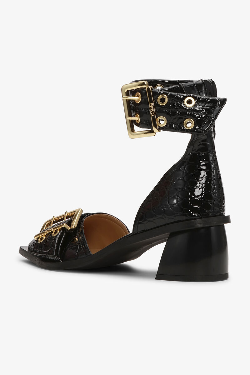 Ganni Embossed Buckle Open Cut Pumps In Black