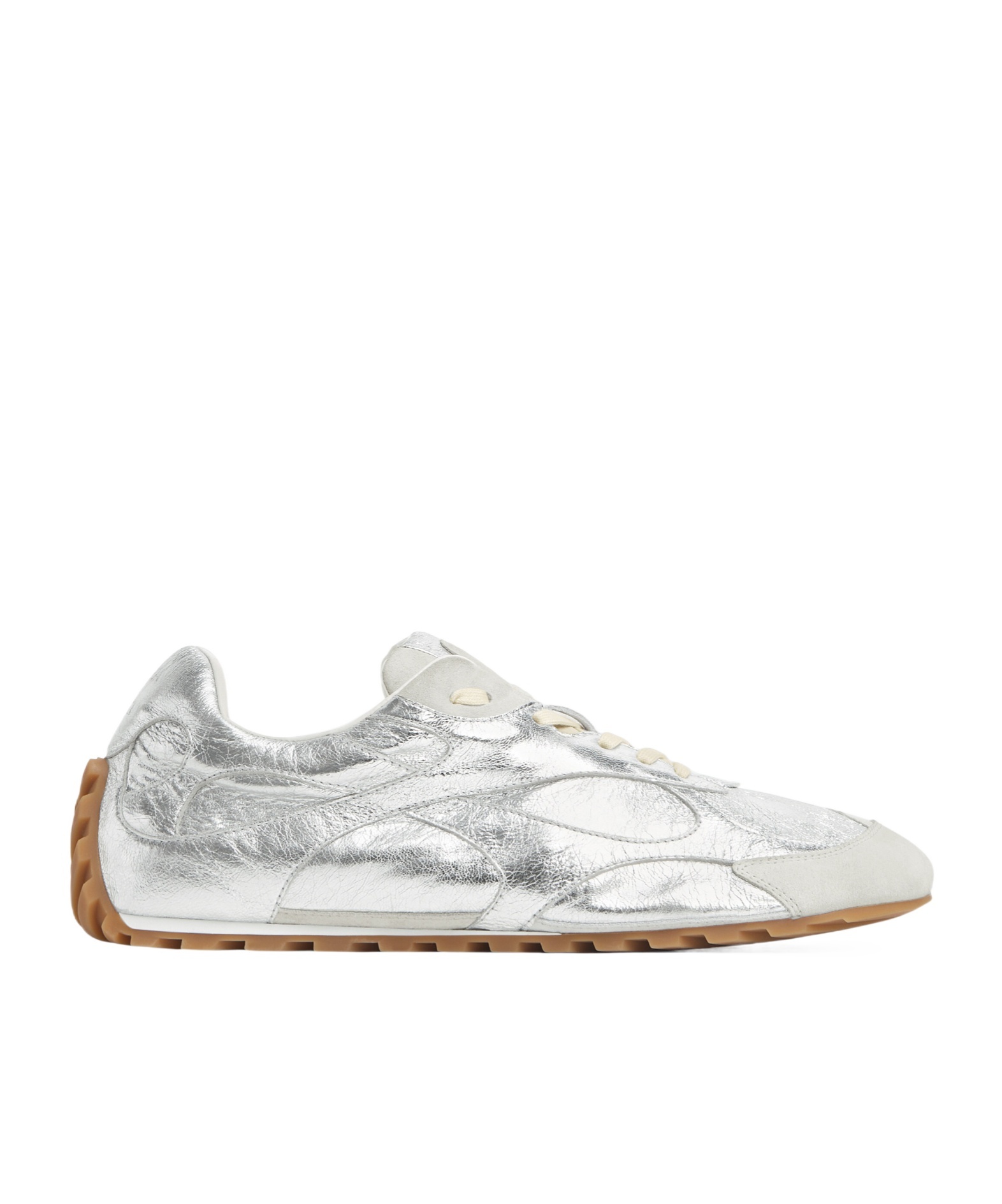 Bottega Veneta Orbit Flash Suede-trimmed Metallic Leather Sneakers In Silver