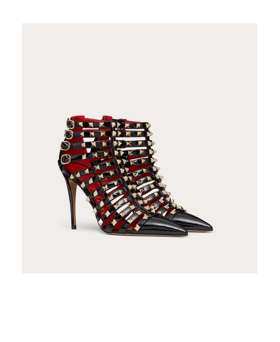 Valentino Alcove Rockstud Patent-leather Ankle Boots In Black