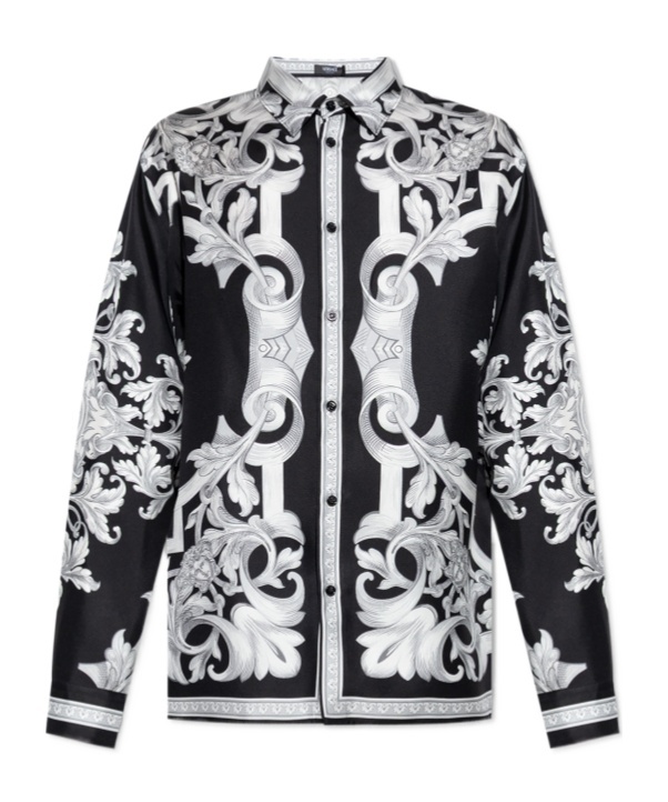 Versace Baroque Pattern Structured Collar Long Sleeves Shirt In Black
