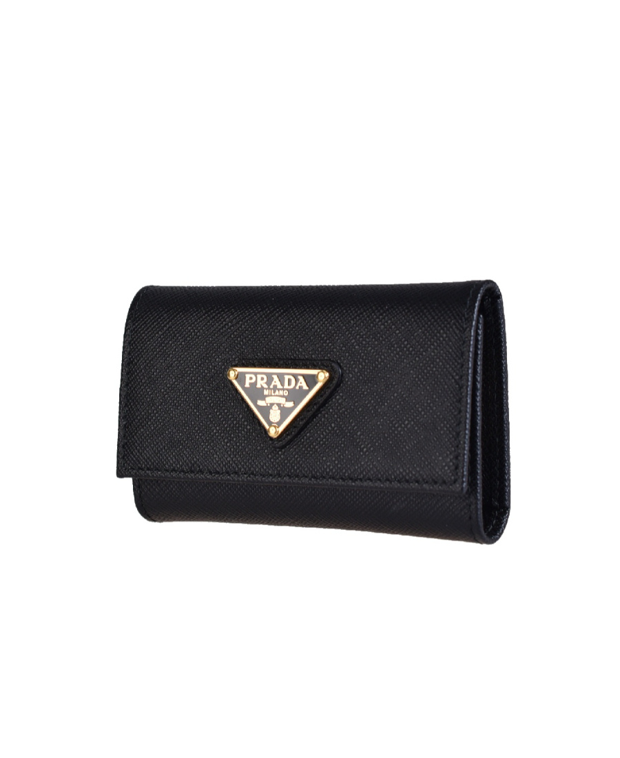 Prada Triangle Logo Saffiano-leather Keyring Case In Black