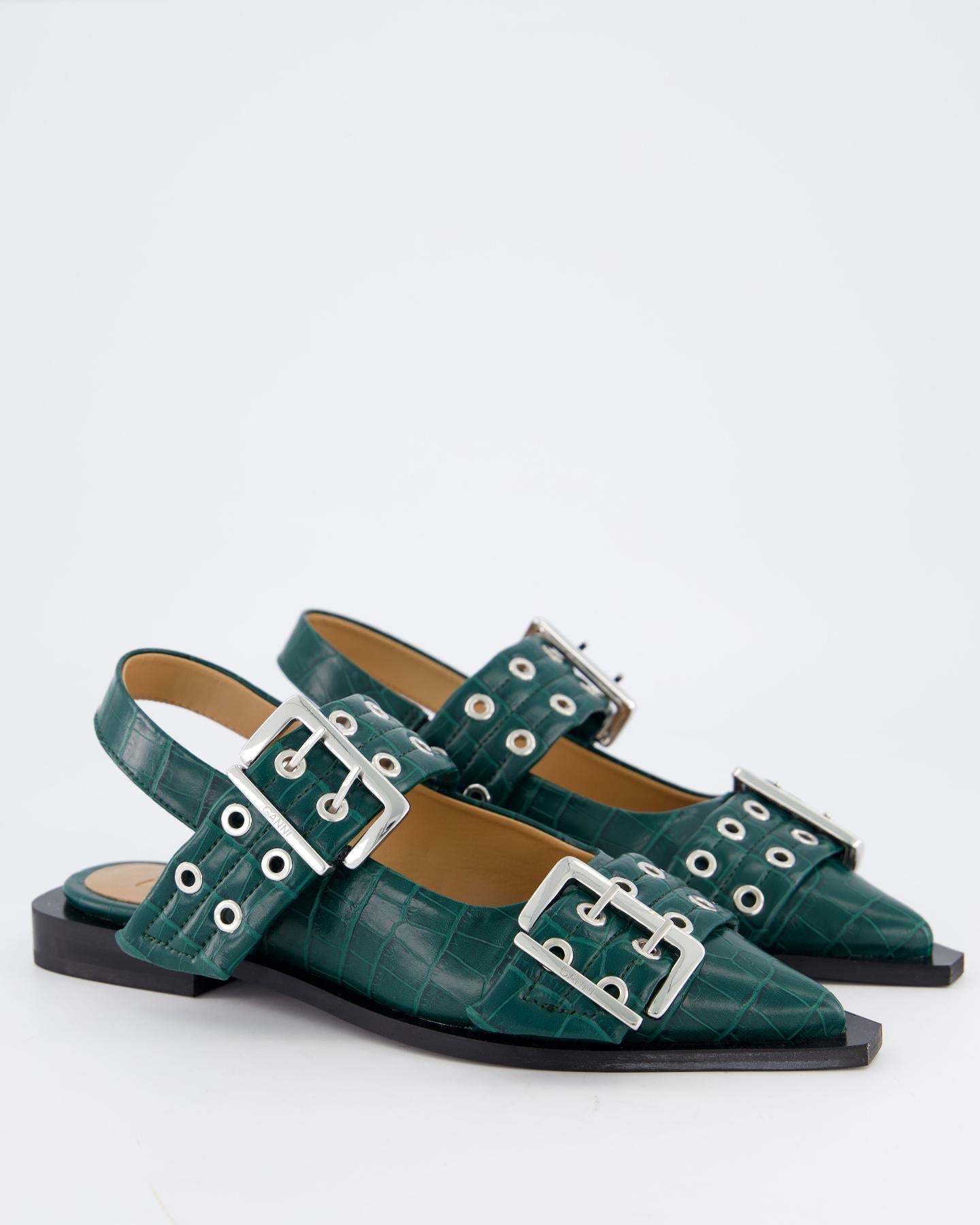 Ganni Thick Buckle Ballet Shoes In Green