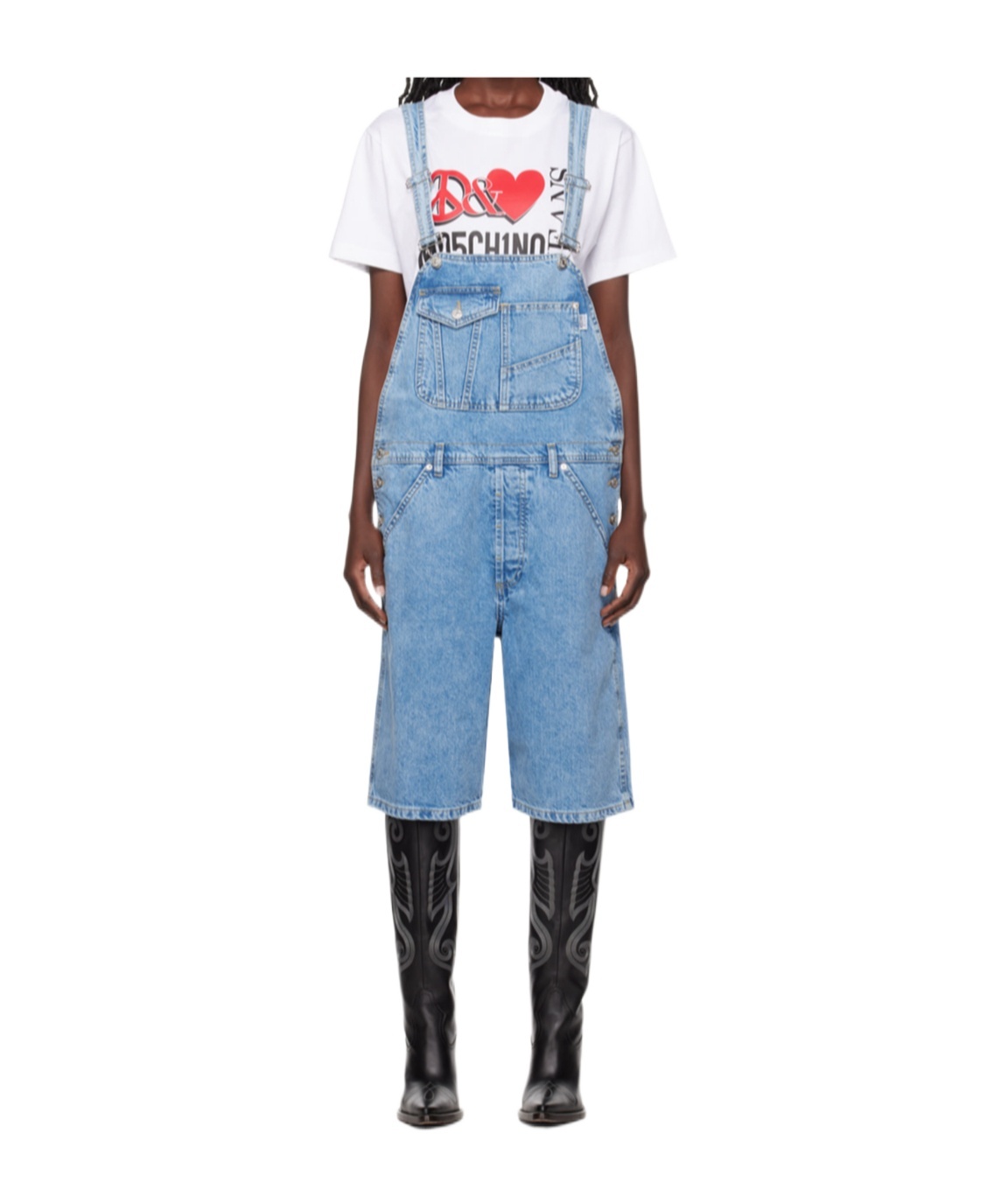MOSCHINO SQUARE NECK DENIM OVERALLS