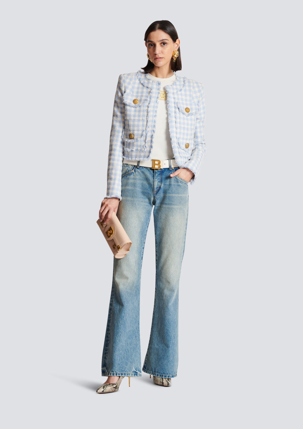 Balmain Blue Plaid Cropped Tweed Jacket In White