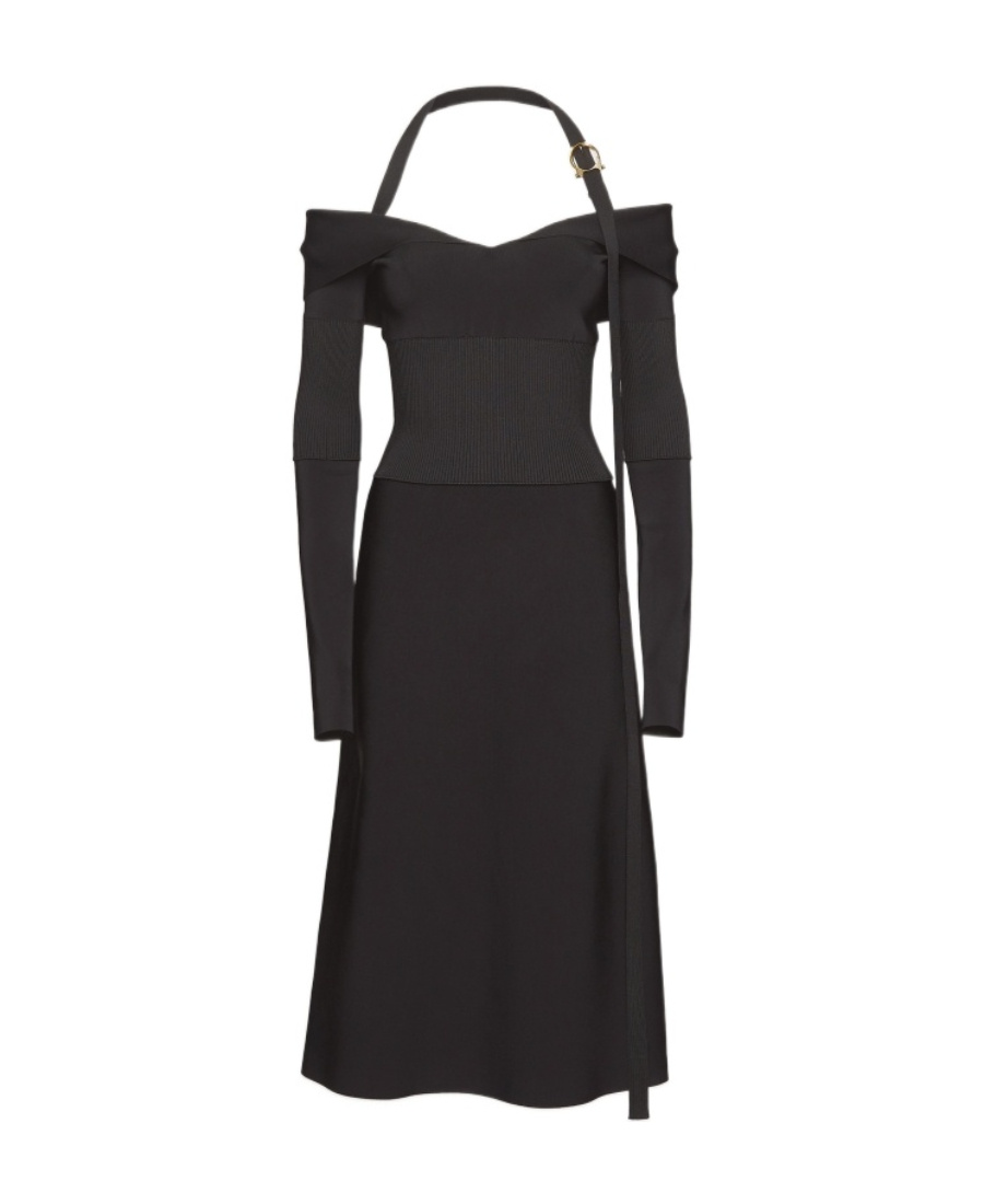 Ferragamo Knit Midi Dress With Gancini Buckle In Black