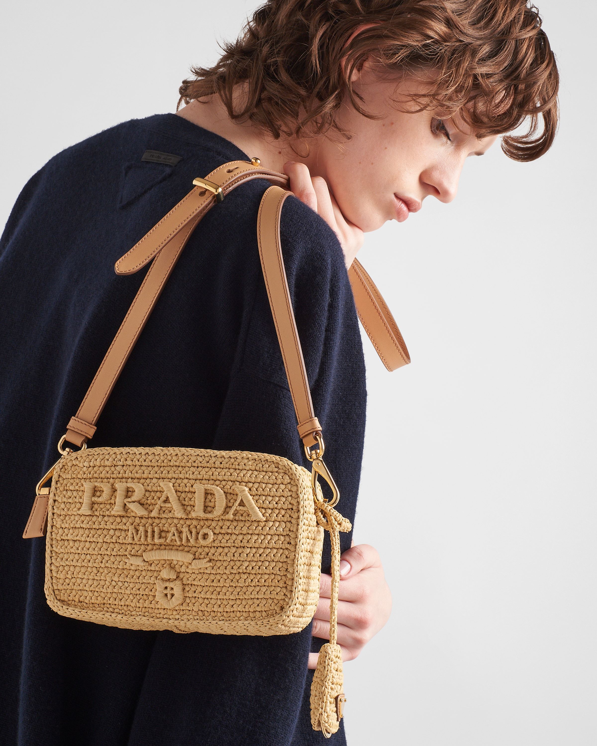 Prada Raffia Shoulder Bag In Nude