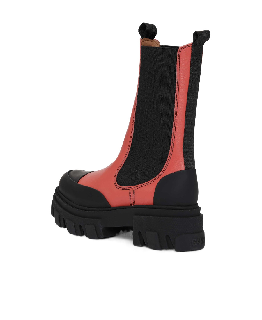 Ganni Cleated Mid Chelsea Combat Boots In Red Leather In Black