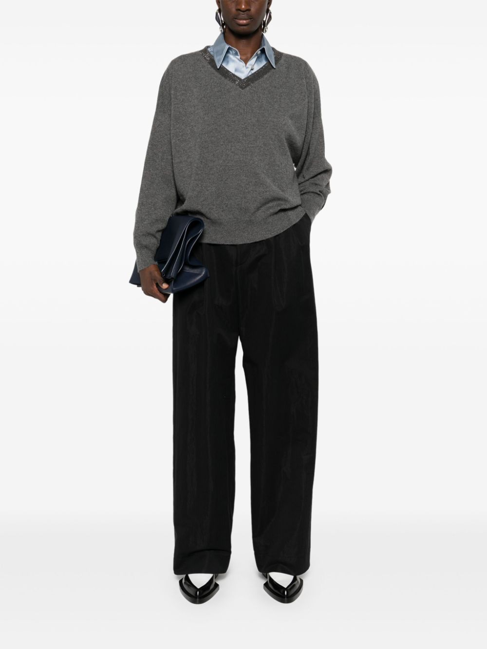 Brunello Cucinelli Knitted Cashmere V-neck Sweater With Ribbed Cuffs In Black