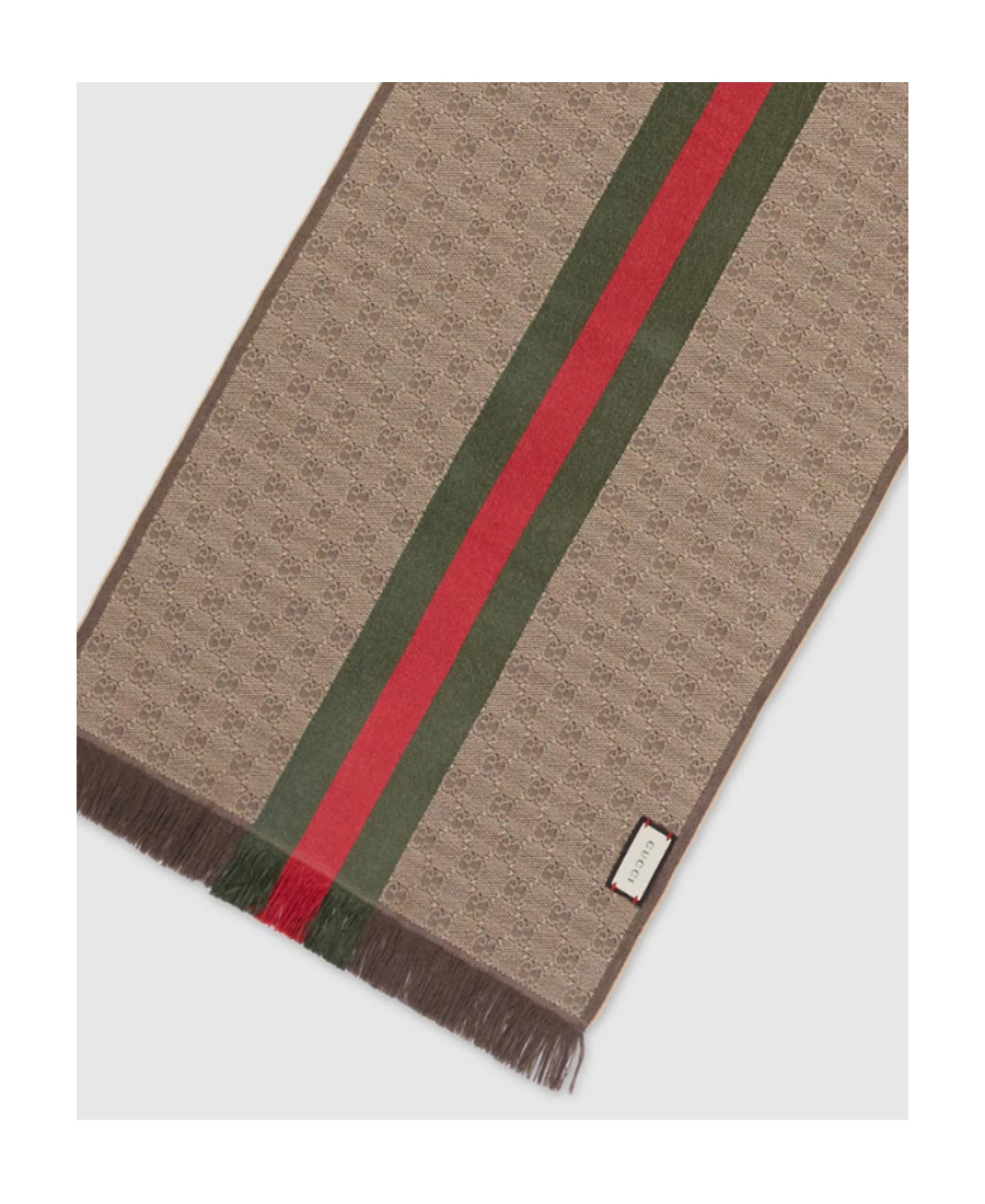 Gucci Gg Jacquard Knit Scarf With Web And Fringe In Brown