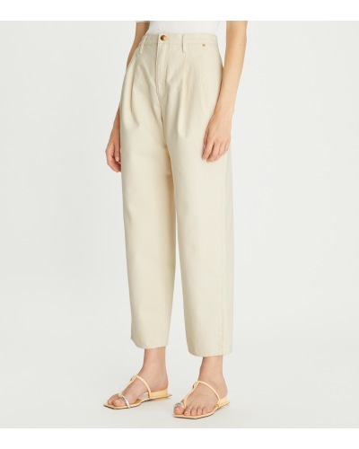 Tory Burch Pleated Button Denim Trousers In Nude