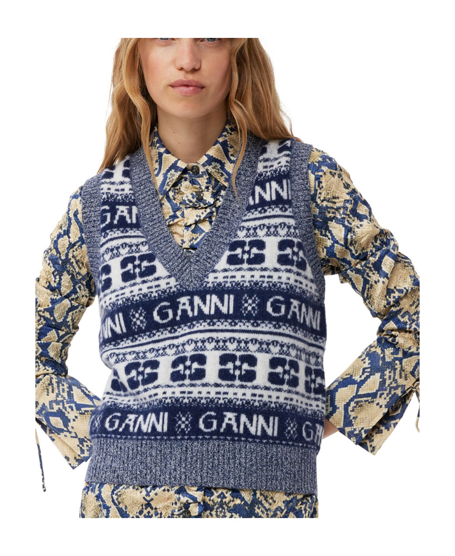 Ganni Logo-intarsia Knitted Vest In Black