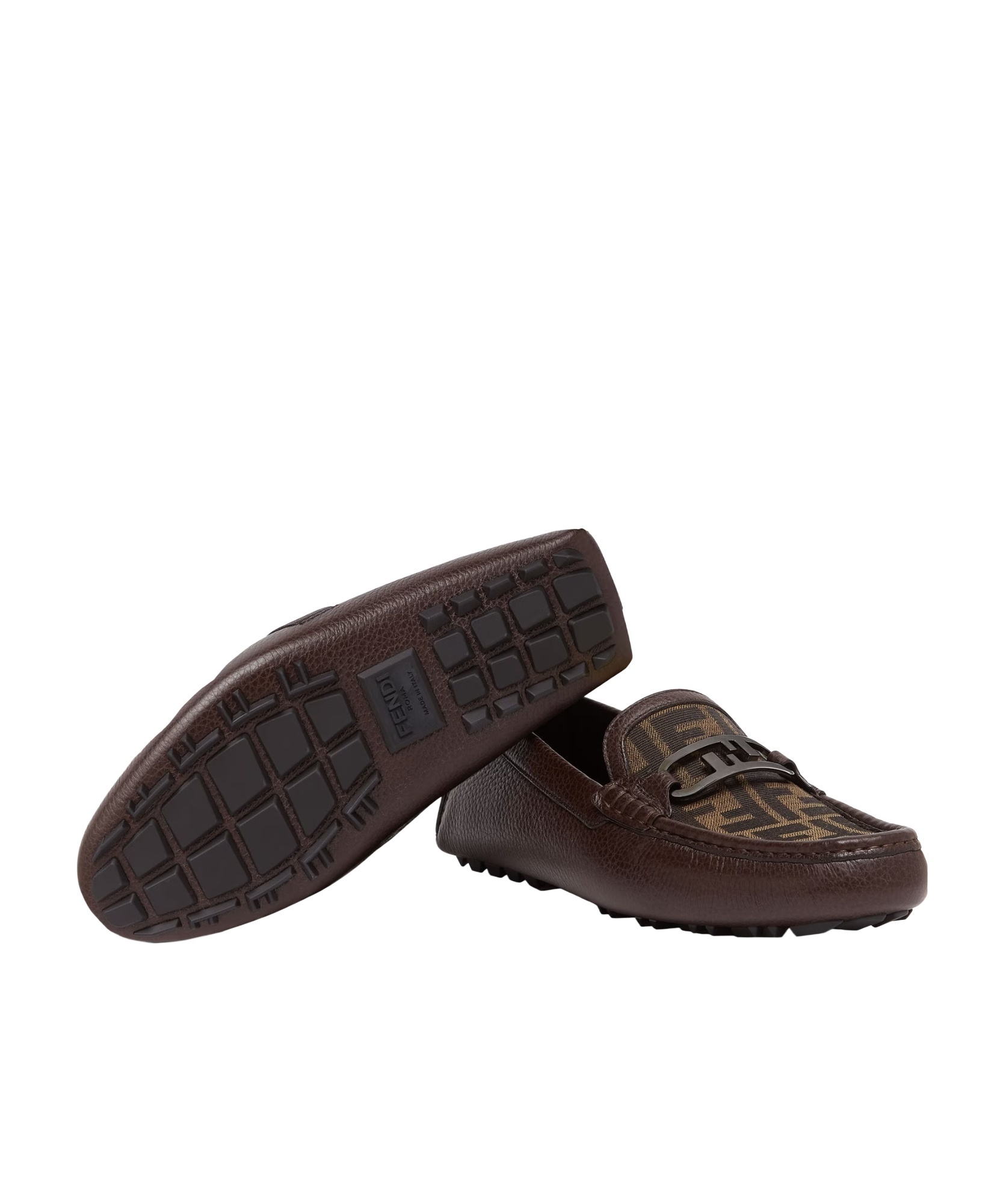 Fendi Brown Leather And Ff Jacquard Loafers In Black