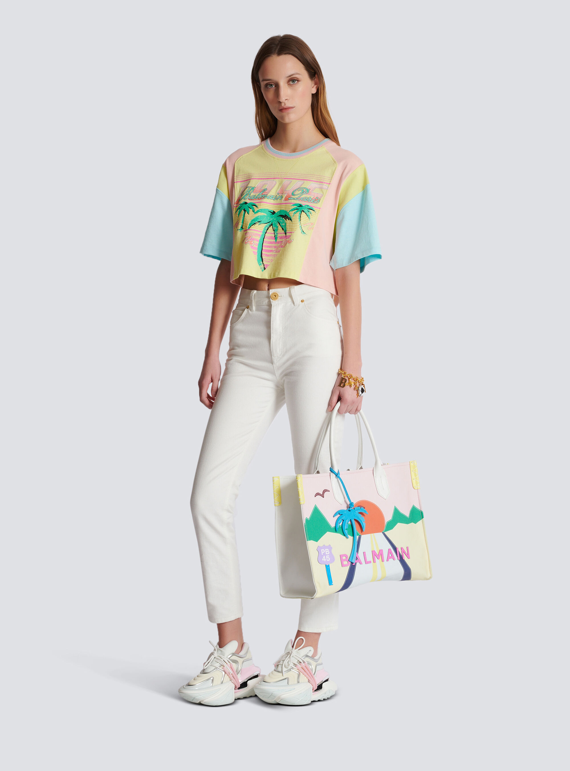 Shop Balmain T-shirt With Palm Tree  Signature Print In Yellow