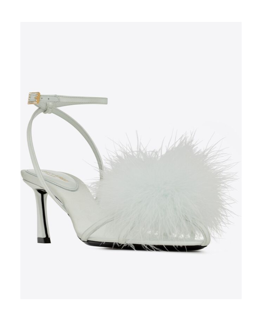 SAINT LAURENT MAE MULES IN CREPE SATIN WITH FEATHERS