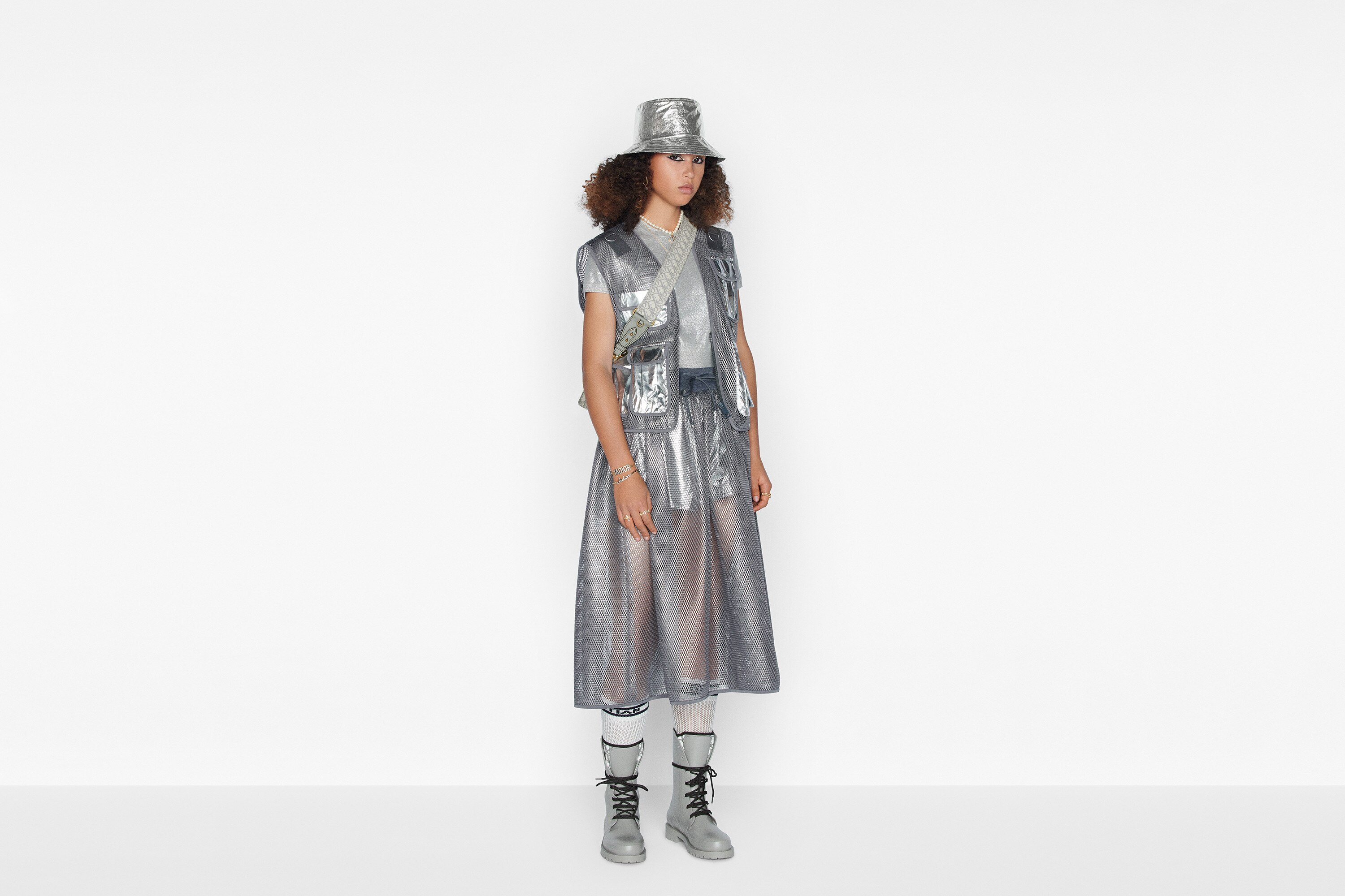 Dior Metallic Drawstring Skirt In Gray