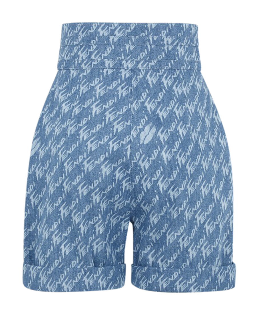 Fendi Monogram-print Denim Shorts In Blue