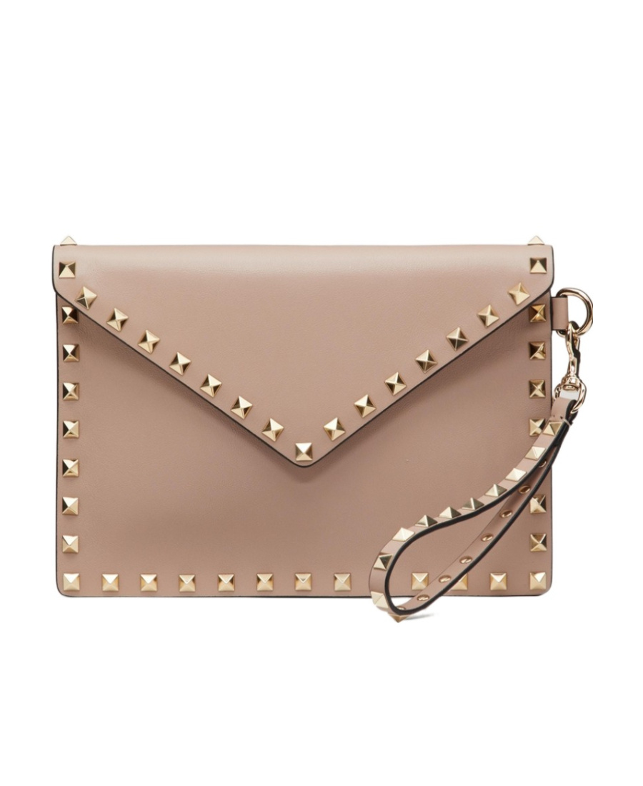 Valentino Garavani Rockstud Calfskin Pouch Woman Poudre Uni In Nude