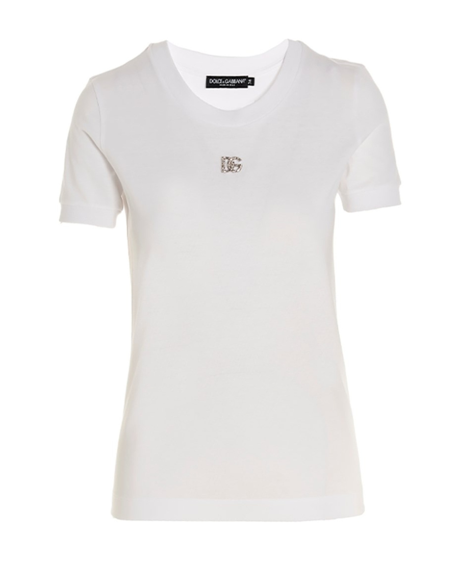 Dolce & Gabbana White T-shirt With Dg Logo On The Front Finished With Rhinestones In Cotton Woman In White