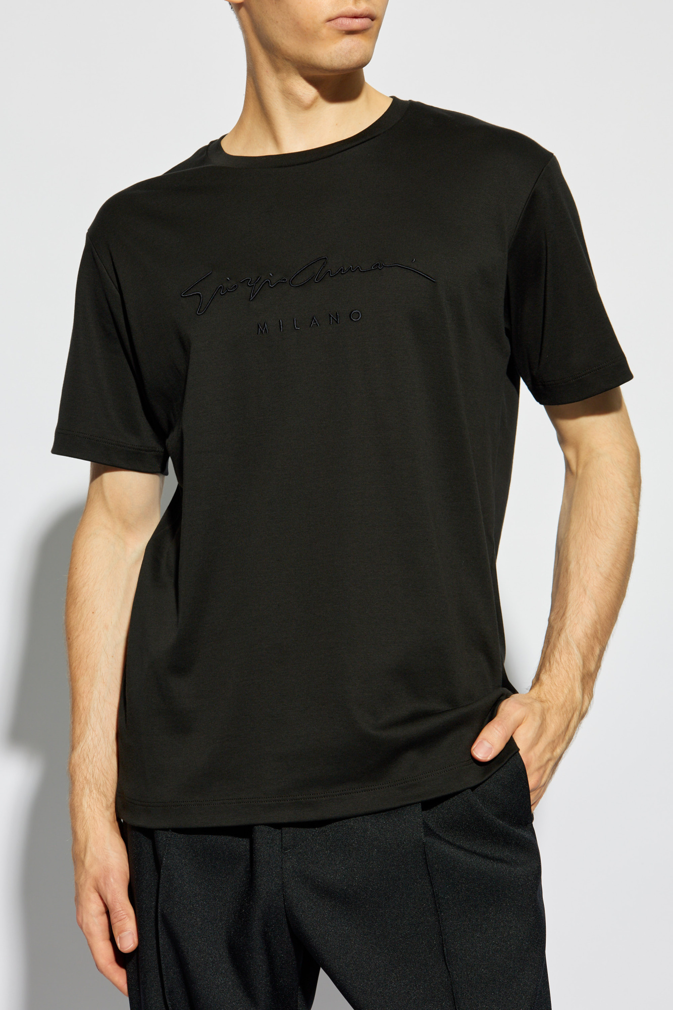 Shop Giorgio Armani Logo-embroidered T-shirt In Black