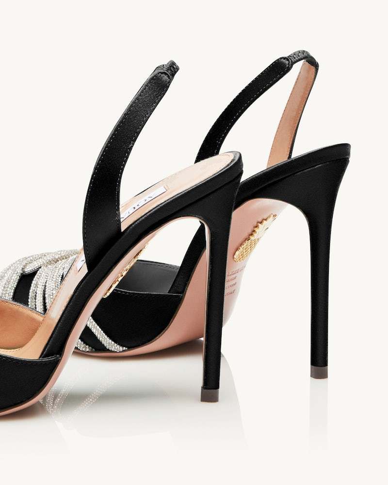Aquazzura Gatsby 105 Crystal-embellished Satin Slingback Pumps In Black