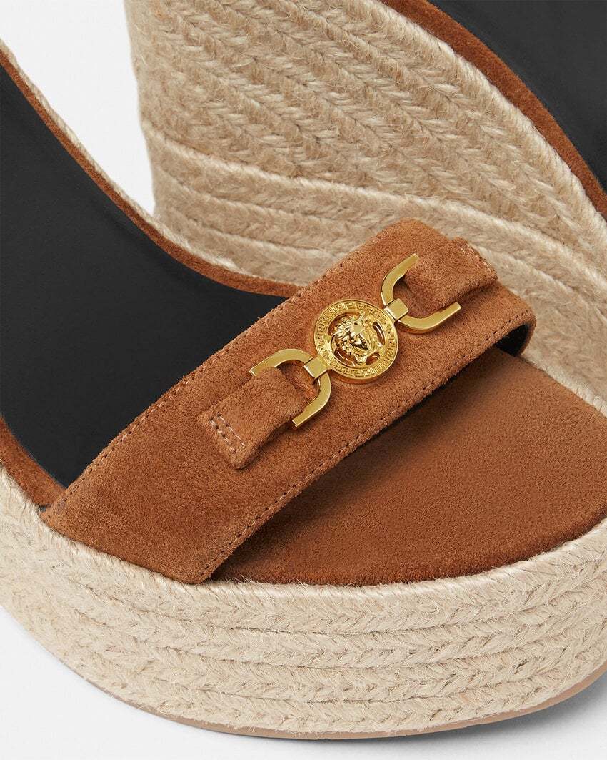 Versace Embellished Suede Espadrille Wedge Sandals In Brown