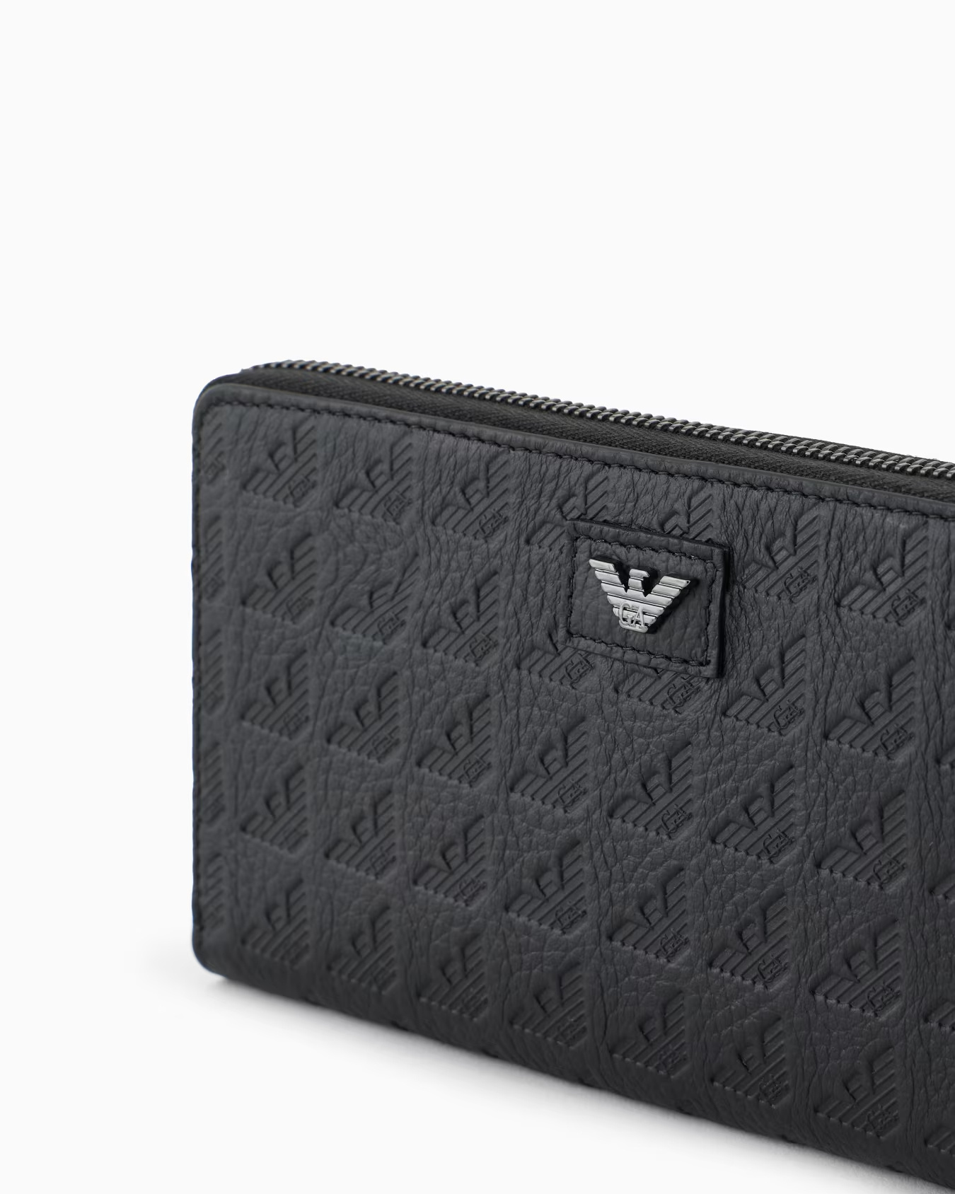 Emporio Armani Zip-around Leather Wallet With All-over Embossed Eagle In Black