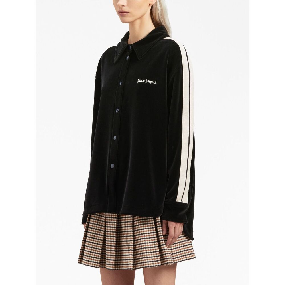 Palm Angels Logo-embroidered Velvet Track Shirt In Black