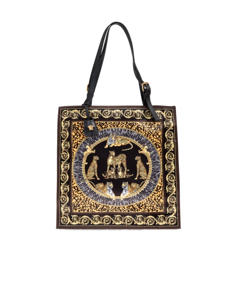 Versace Animal Print Tote Bag With Baroque Border In Black