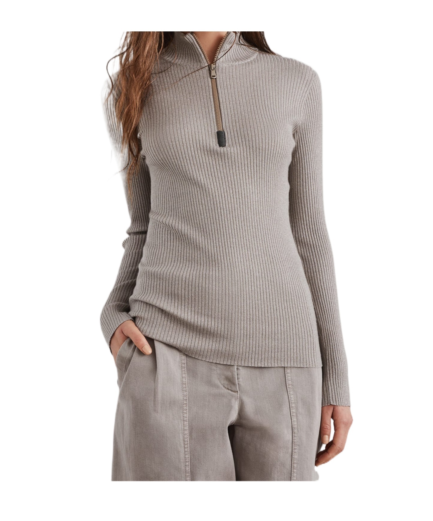 Brunello Cucinelli High Neck Ribbed Knit T-shirt In Brown