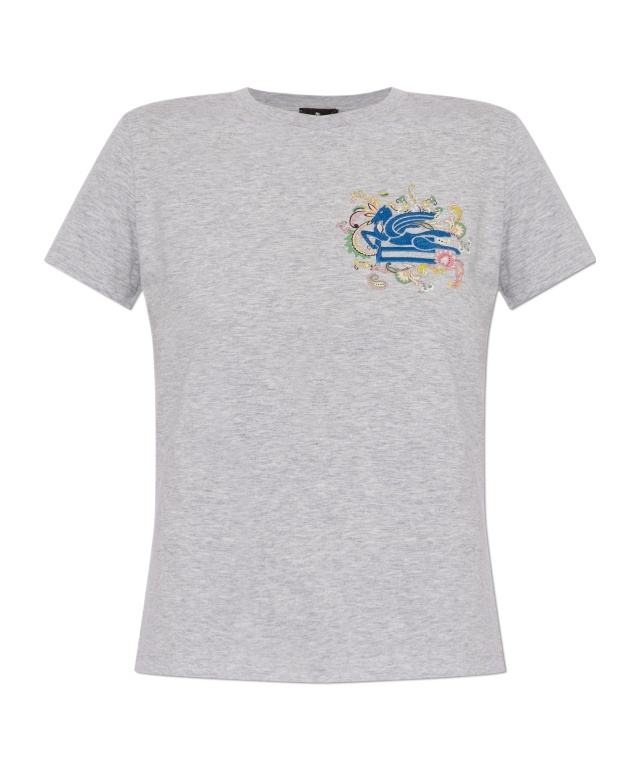 Etro Embroidered Cotton Graphic Print T-shirt In Gray