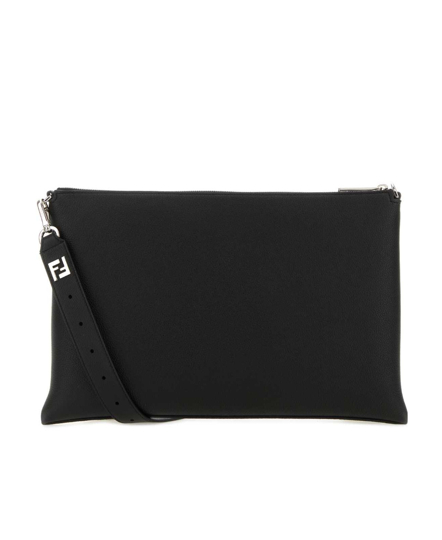 Fendi Logo Detailed Zipped Clutch Bag In Black
