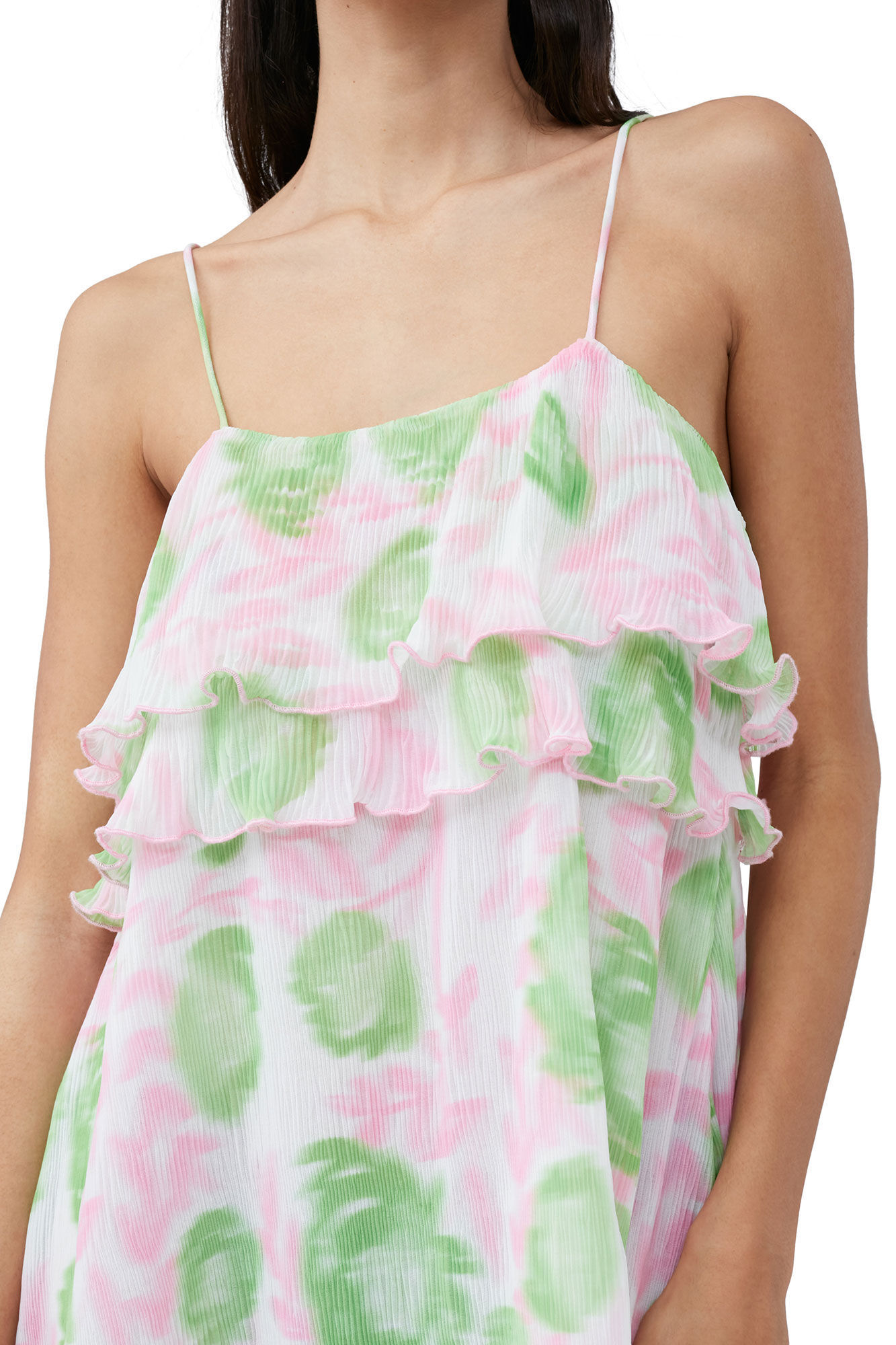 Ganni Ruffled-trim Graphic-print Dress In Pink