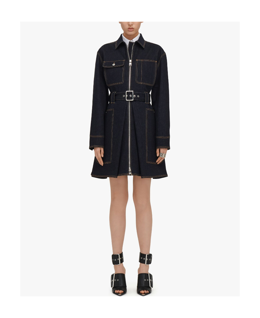 Alexander Mcqueen Zip-up Denim Shirt Dress In Blue