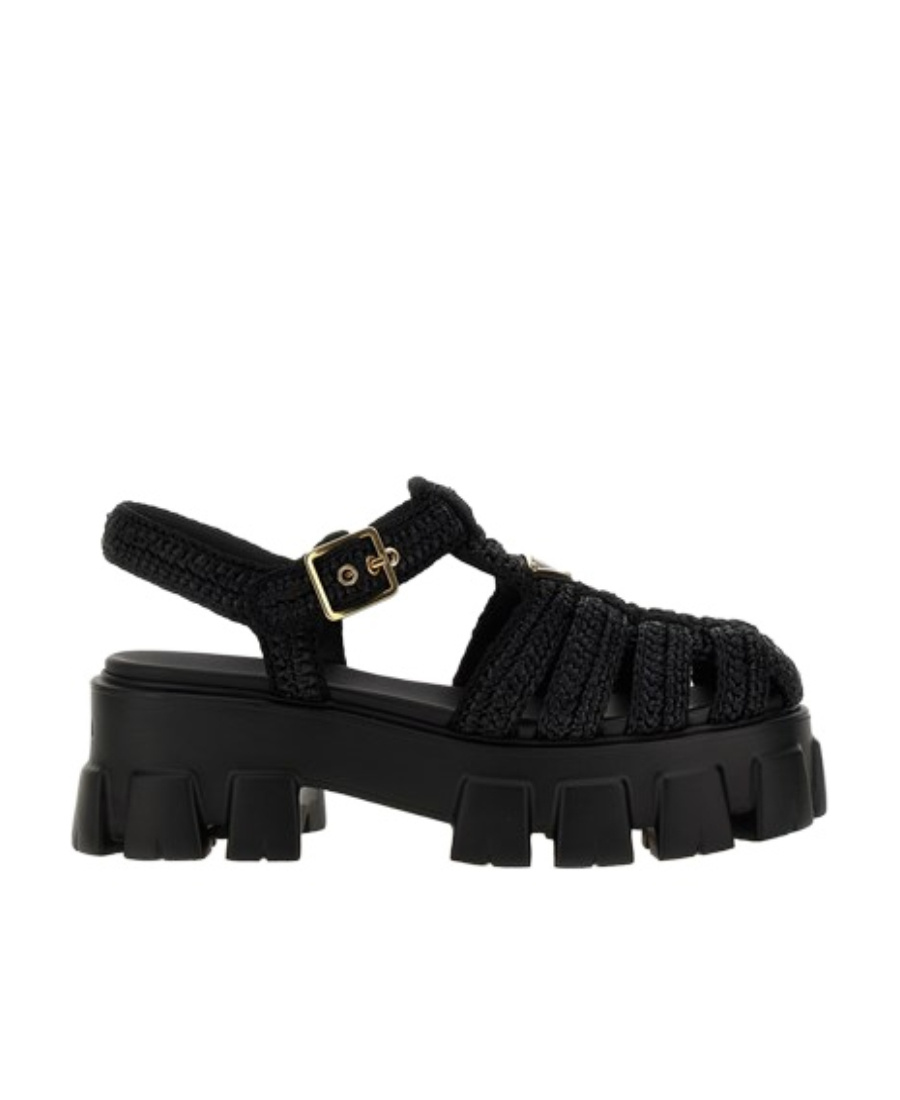 Prada Womens Black Monolith Logo-plaque Chunky-sole Caged Crochet Sandals In Black