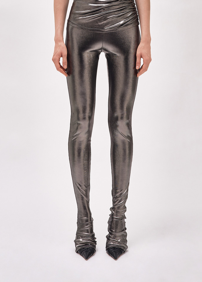 Blumarine Laminated-finish Puddle-hem Stretch Leggings In Gray