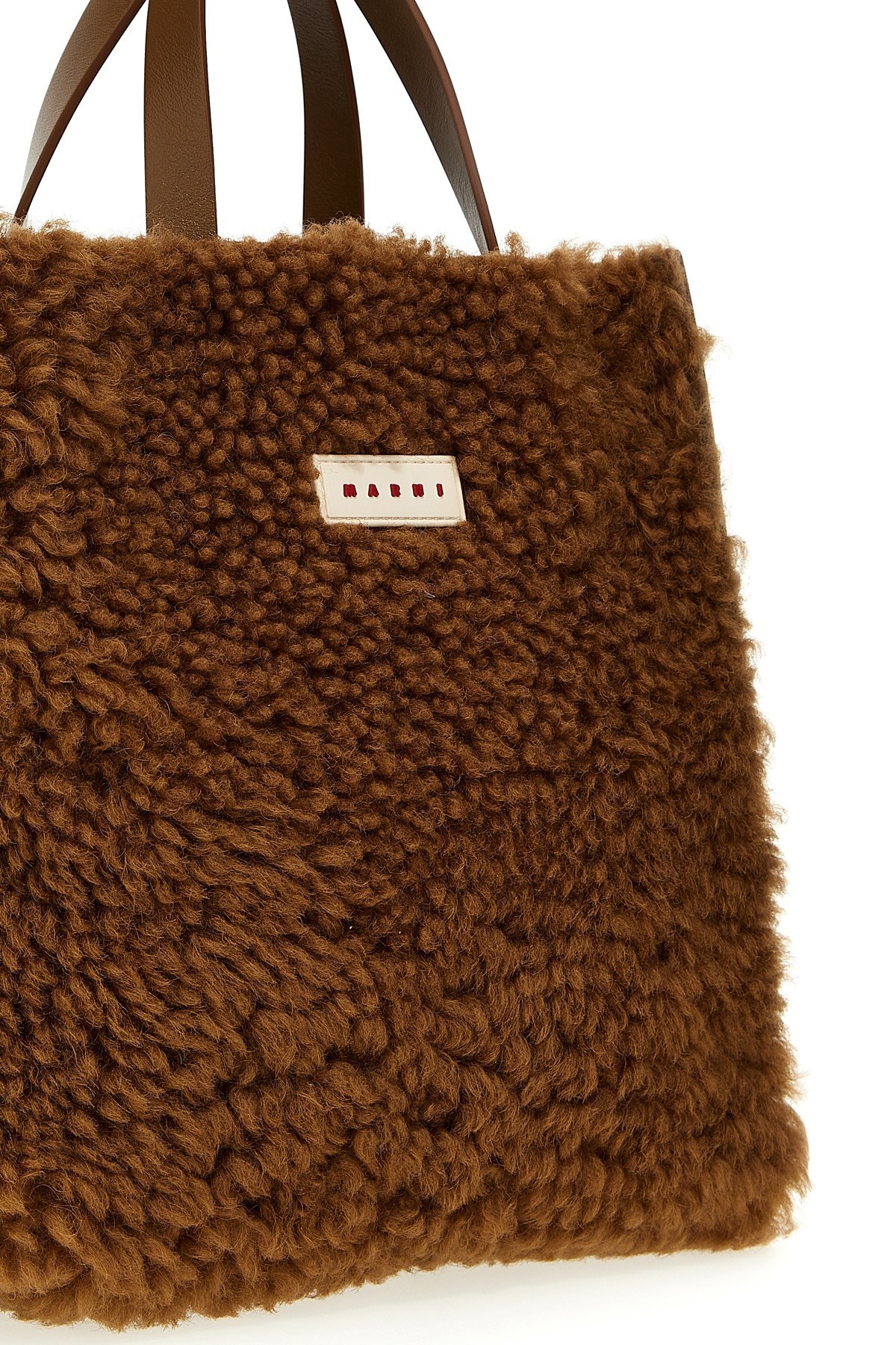 Marni Logo-patch Shearling Tote Bag In Brown