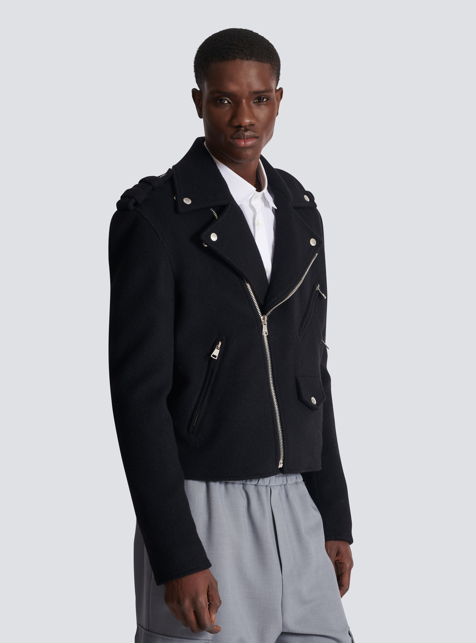 Balmain Wool Felt Biker Jacket In In Black