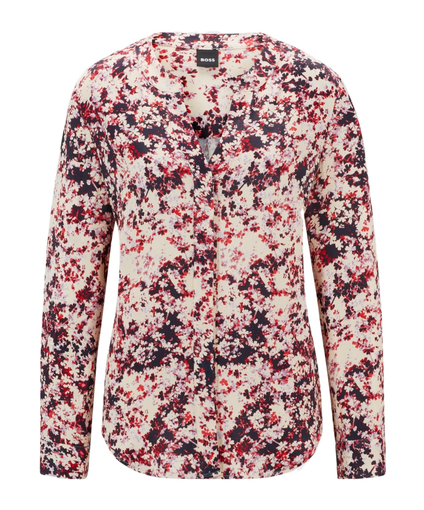 Hugo Boss Floral-print Blouse In Satin With Notch Neckline In Nude
