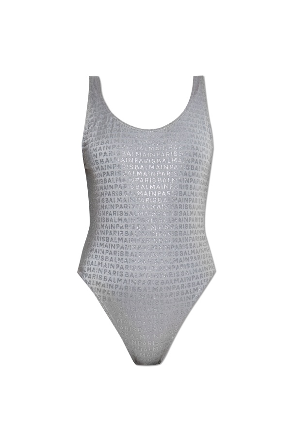 Balmain Sleeveless One-piece Swimsuit In Gray
