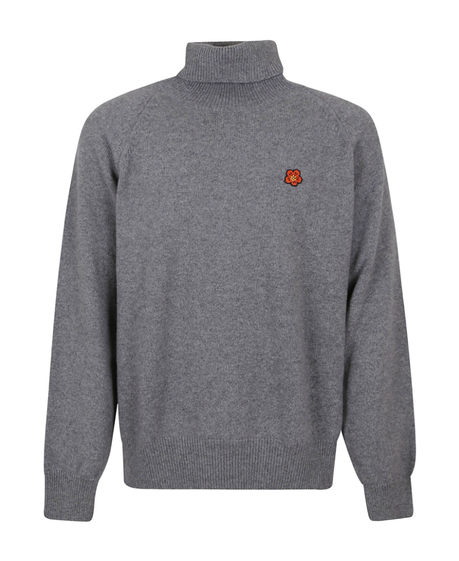 Kenzo Boke Flower Embroidered Roll-neck Knit Jumper In Gray