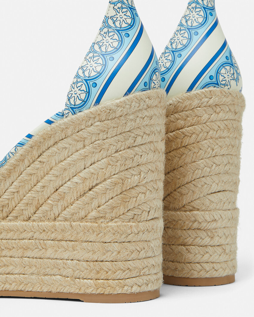 Versace Embellished Printed Leather Espadrille Wedge Sandals In Blue